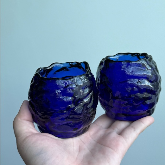 2 Vintage Cobalt Blue Brutalist Glass Votive Tealight Candle Holders - Picture 14 of 14